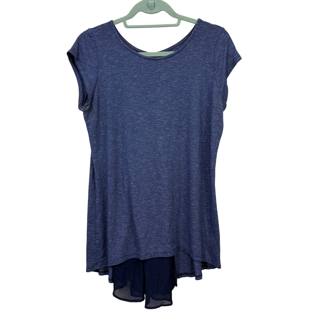 Kim & Cami Women Tunic Top Blouse Cap Sleeve Chiffon Sheer Back Heather Blue XL*